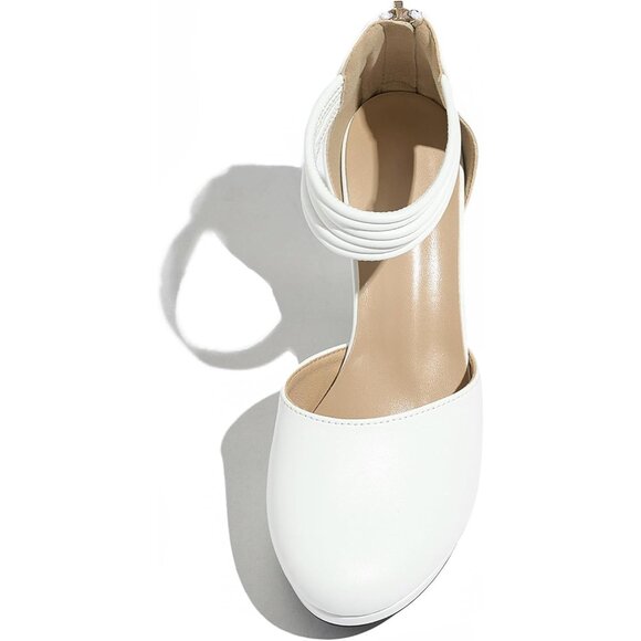 Women's White Closed Toe Stylish Pumps Platform Heels Ankle Strap Dress Shoes - Picture 6 of 7